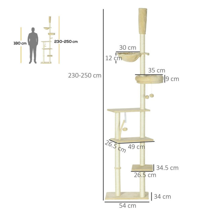 Ultimate Cat Paradise: 6-Tier Floor to Ceiling Cat Tree - Bed, Hammock, Scratching Post (Beige)