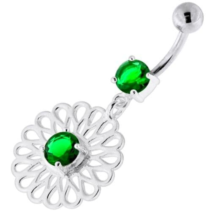 Center Jeweled Fancy Flower Pattern Navel Belly Piercing