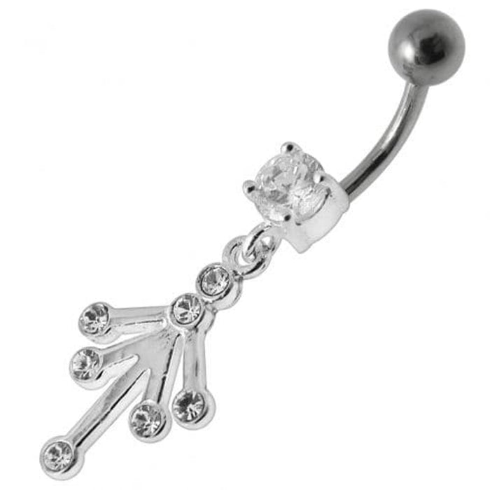 Fancy Jeweled Silver Dangling With Curved Bar Belly Ring Body Jewelry