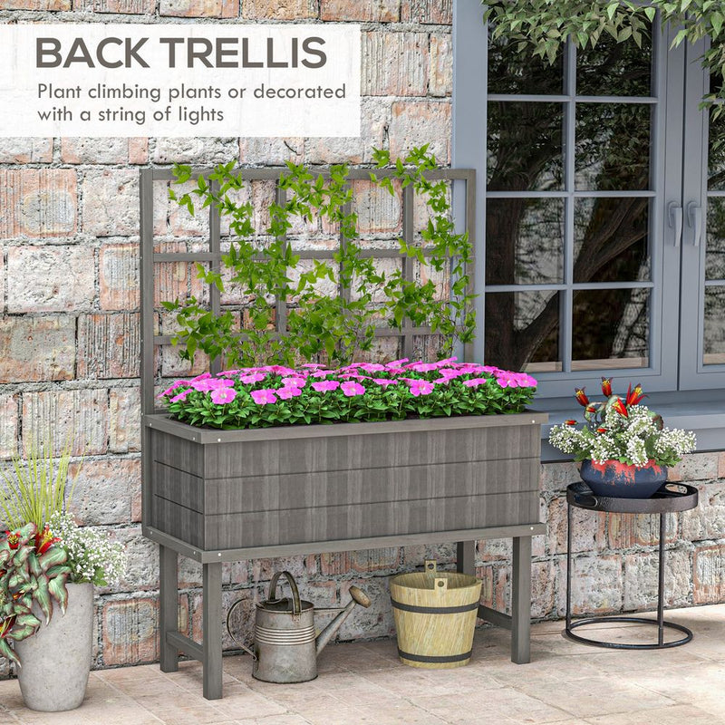 Outsunny Wood Raised Planter w/ Trellis Elevated Garden Bed - Quality Grey Design