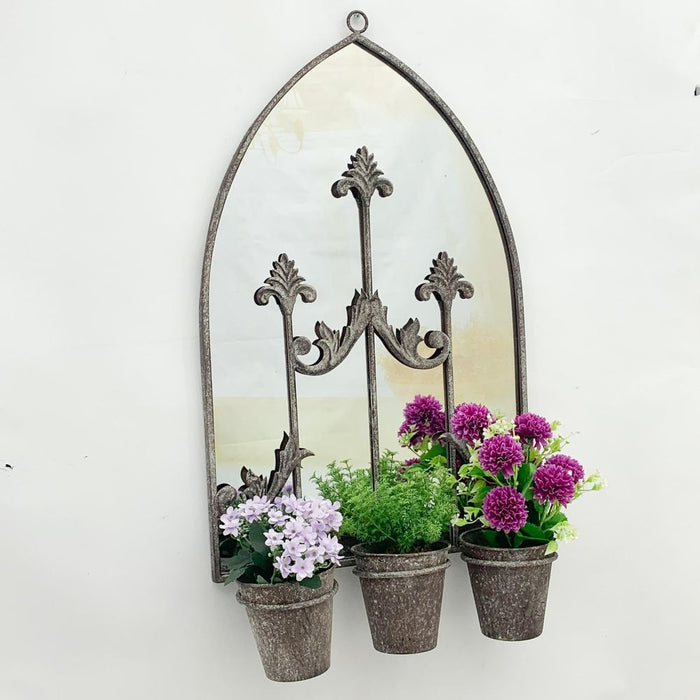 60cm Rusty Wall Mirror with Triple Planter - Distressed Metal Antique Finish