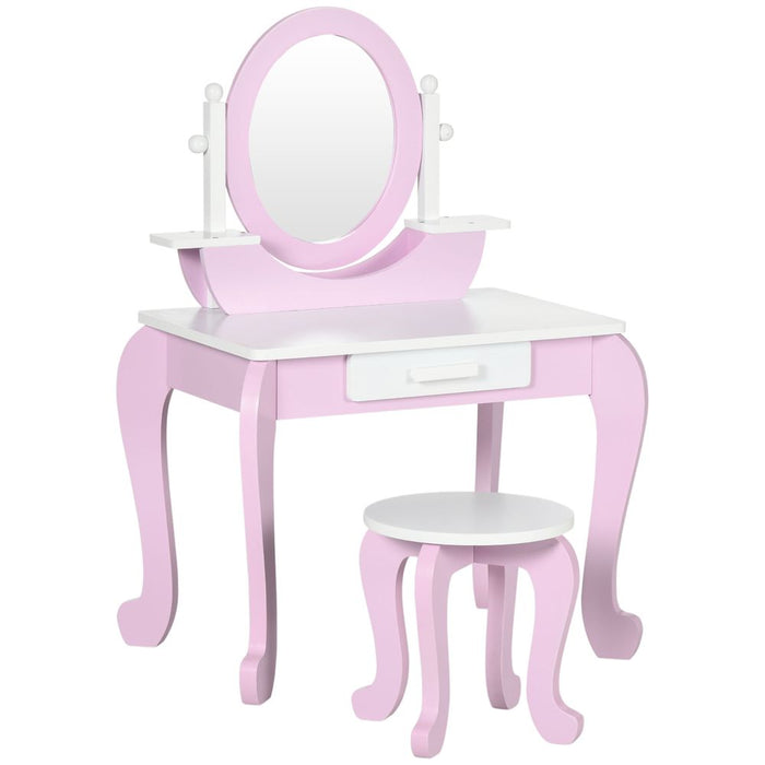 Kids Dressing Table with Mirror and Stool with Drawer for 3-6 Years Old, Pink