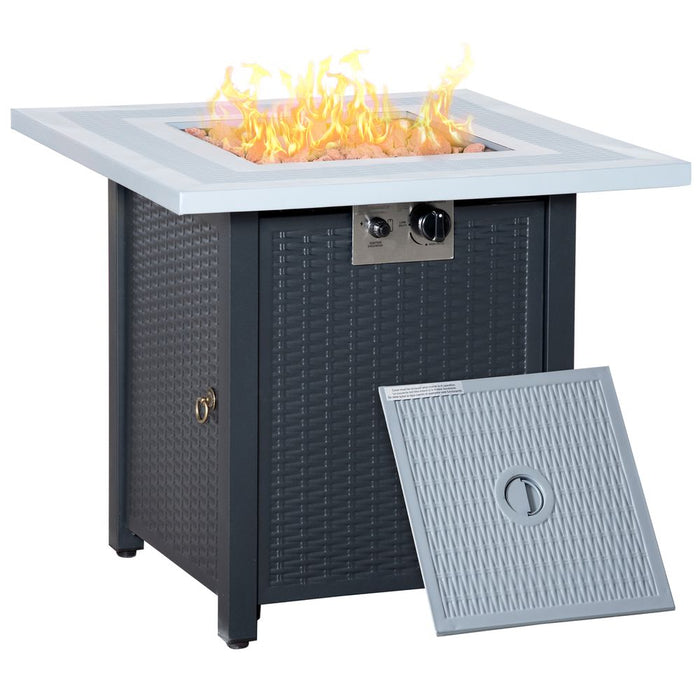 Premium Square Propane Fire Pit Table | Rattan Smokeless Heater with Lid & Lava Rocks