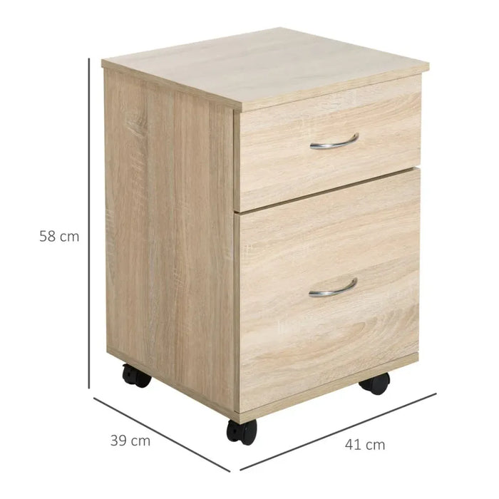 Premium Oak Mobile File Cabinet w/ 2 Drawers - Stylish & Spacious for Office - Durable Wood Side Table Pedestal - Easy Mobility