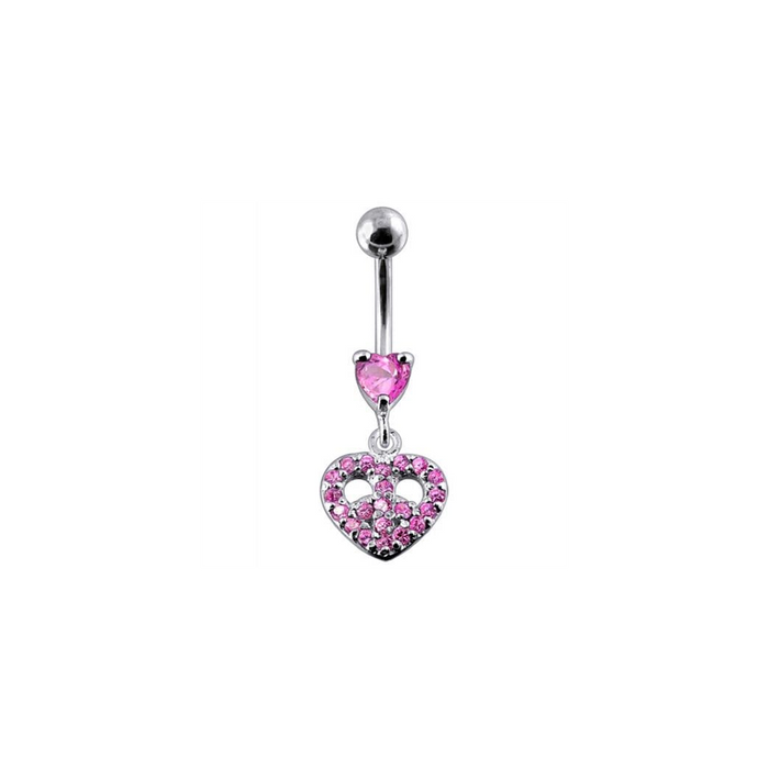 Jeweled Fancy Heart Shape Silver Dangling SS Bar Curved Belly Ring