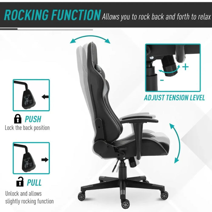 PU Leather Gaming Chair with Adjustable Head Pillow and Lumbar Support, Black