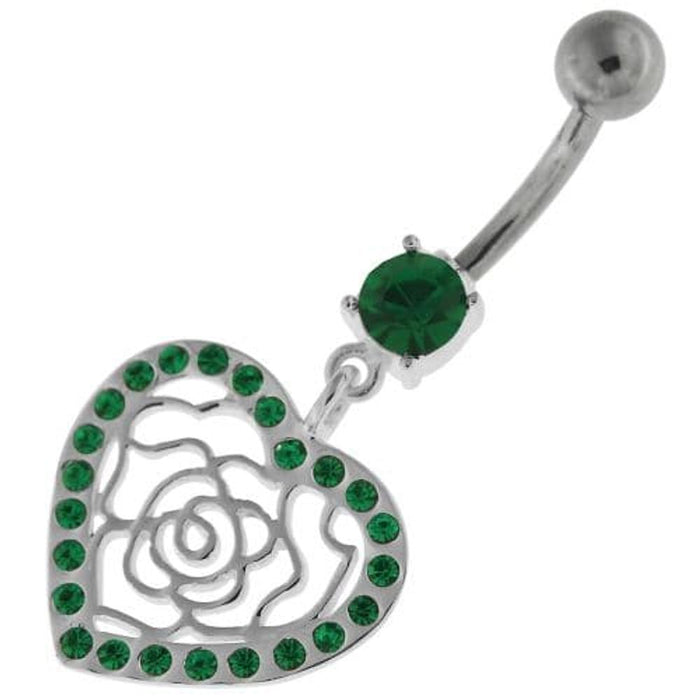 Dangling Rose Cut out Heart Belly Button Bar