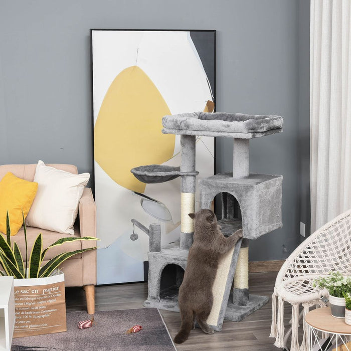 PawHut 111cm Cat Tree Tower for Indoor Cats, Cat Activity Centre with Scratching Posts and Pad, Hammock Condo Bed, Hanging Ball Toy, Grey