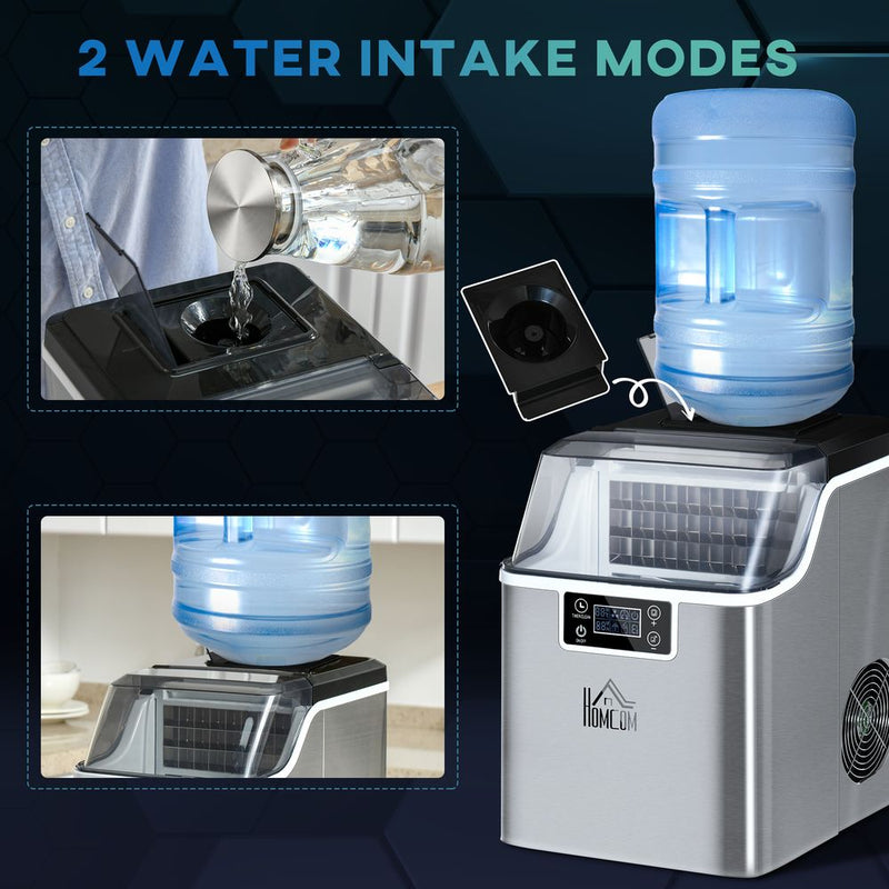 HOMCOM Ice Maker Machine Countertop, Stainless Steel Portable Ice Cube Maker, 2 Ways to Add Water, 24kg/Day, 24 Pcs Ready in 14 Mins, Self-Cleaning with Scoop & Basket, 3.2L, for Home Office, Silver