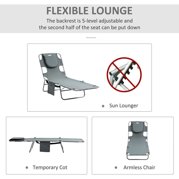 Outsunny Portable Adjustable Beach Chaise Lounge with Face Cavity - Grey