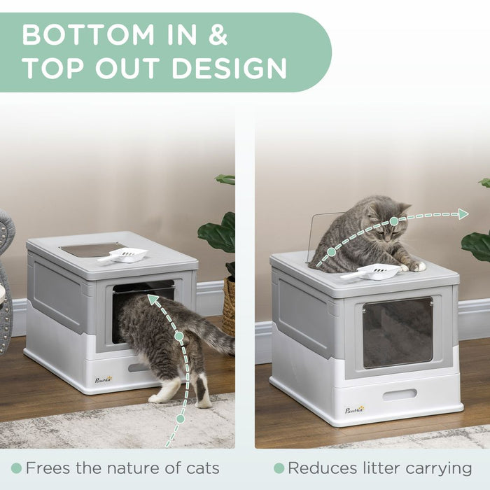 Premium Hooded Cat Litter Box with Scoop - Portable, Privacy, Grey - Pawhut