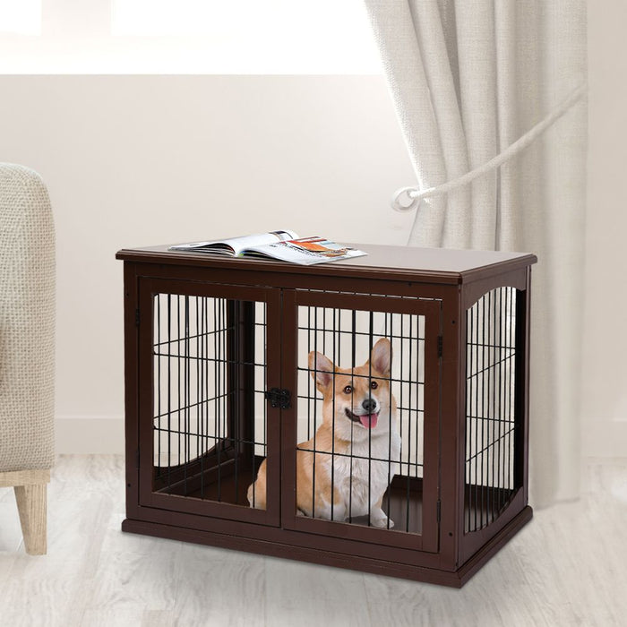 Wooden Dog Crate End Table Pet Puppy Cage w/Metal Wire for Small Dog Brown