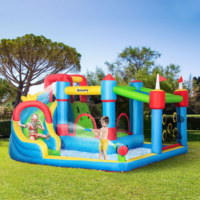 Premium Kids Inflatable Bouncy Castle: 6-in-1 Water Slide, Water Gun, Air Blower - High Quality, Safe & Fun