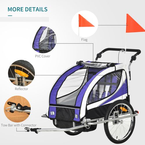 HOMCOM Child Bike Trailer, Baby Bicycle Trailer for 2 Kids with 5 Point Harness, Steel Frame, Reflectors, Safety Flag, Hitch Coupler, Purple