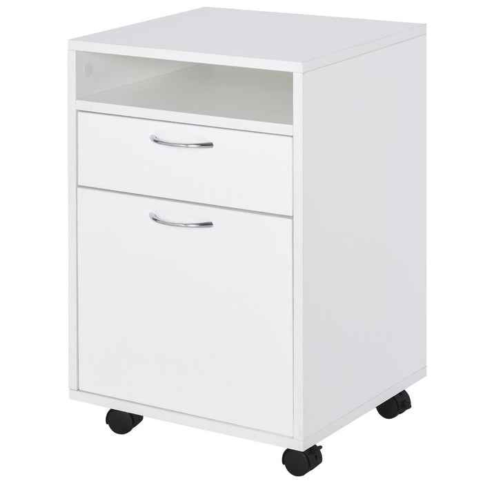 HOMCOM 60cm Storage Cabinet w/Drawer Open Shelf Metal Handles 4 Wheels Office Home Organiser Mobile Printer White