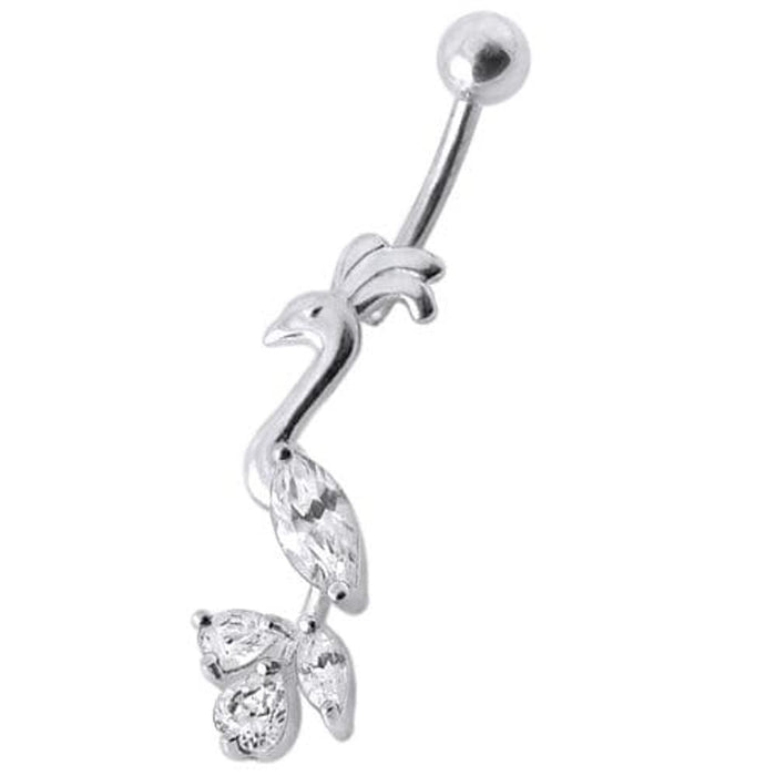 Fancy Jeweled Peafowl Dangling SS Bar Navel Ring Body Jewelry