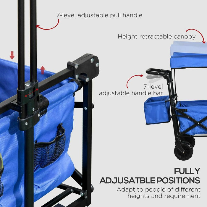 Trolley Cart Storage Wagon 4 Wheels w/ 2 Compartments Handle, Canopy, Blue