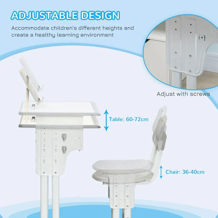 Kids Desk and Chair Set Adjustable Height Study Table w/ Book Stand - Grey