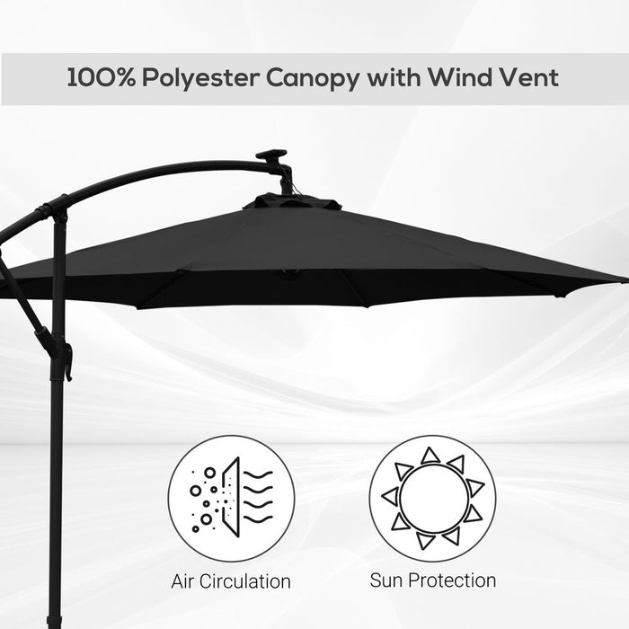 Outsunny 3(m) Banana Cantilever Parasol with Solar LED Lights, Garden Umbrella with Cross Base and Crank Handle, Hanging Offset Sun Shade for Outdoor, Patio, Black