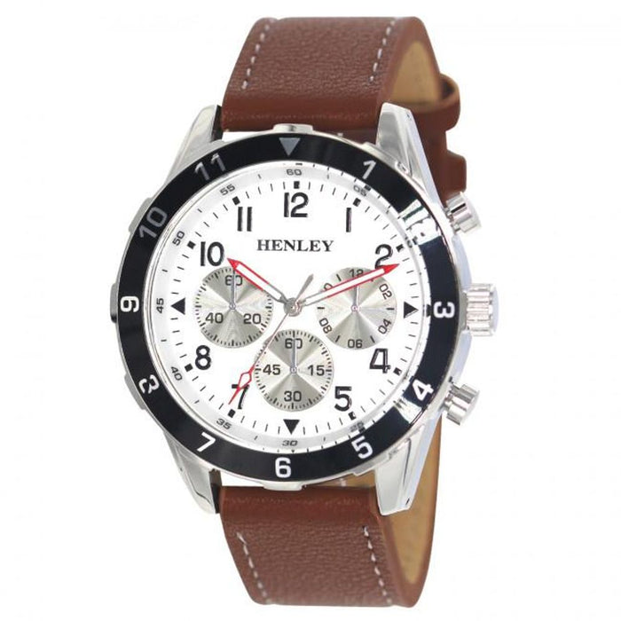 Henley Mens Multi Eye Sports Watch, White Dial, Brown Leather Strap - H02213.4