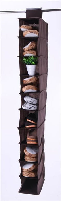 10-Section Hanging Clothes & Shoe Organizer - Brown, Easy Installation, Space-Saving Design