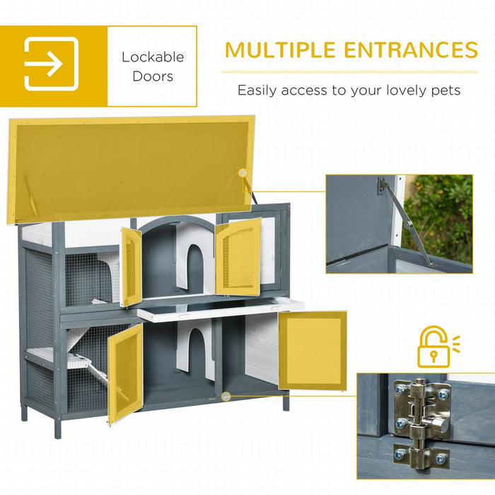 PawHut Rabbit Hutch Outdoor Guinea Pig Hutch 2 Tier Wooden Cage w/Ramp, Divider, Openable Roof, 125 x 48 x 100cm, Grey