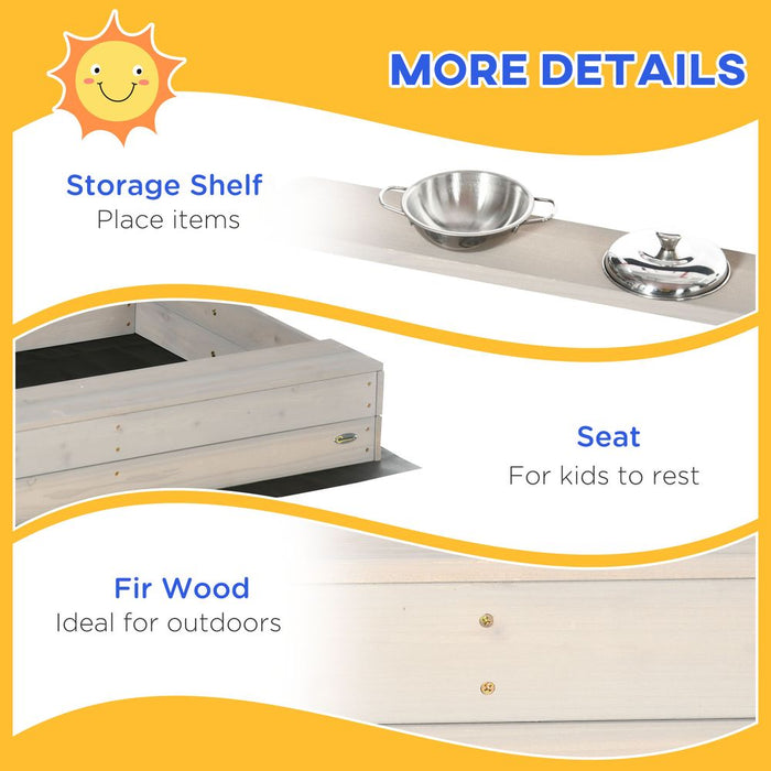 Outsunny Kids Wooden Sandbox w/ Canopy, Kitchen Toys, Seat, Storage, for Outdoor