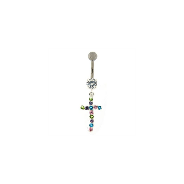 Sterling silver Jeweled Cross Dangling Navel Ring