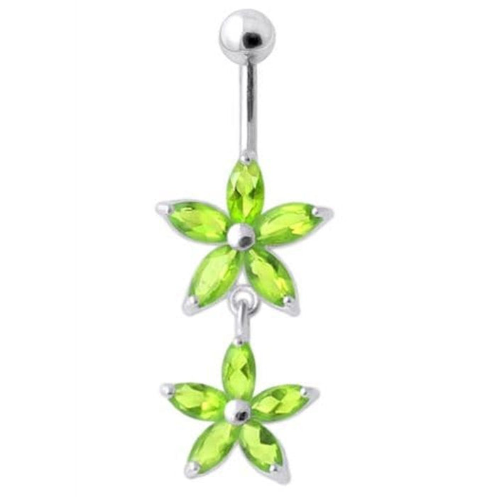 Jeweled Multi Flower Silver Dangling Belly Button Ring