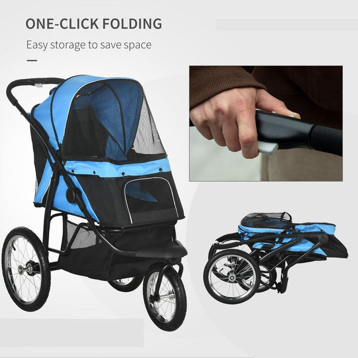 PawHut 3 Wheel Pet Stroller - Blue | Foldable Cat Pram + Soft Mat | Medium Small Dogs | All Terrains