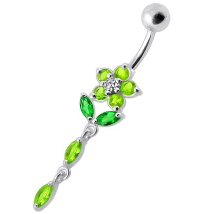 Fancy Jeweled Flower Dangling Banana Bar Navel Ring