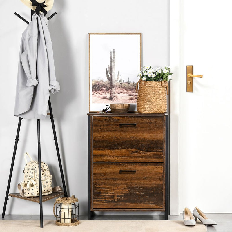 HOMCOM Rustic Brown Shoe Cabinet - 2 Flip Door, Divider, Entryway