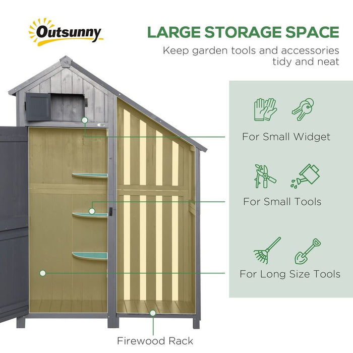 Garden Outdoor Wooden Tool Storage Shed With 3 Shelves, Firewood Rack, Grey