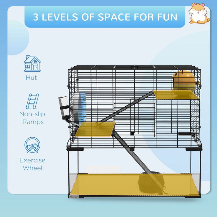 Spacious 3-Tier Hamster Cage w/ Glass Bottom, Dish, Hut - 60x40x57cm