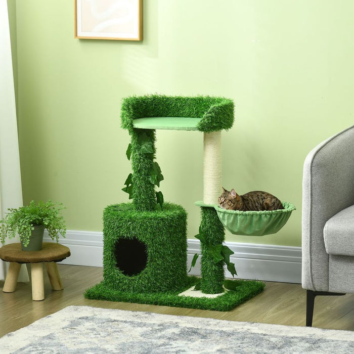 Premium PawHut Cat Tree - Green Leaves, Scratching Posts, Condo - 77cm