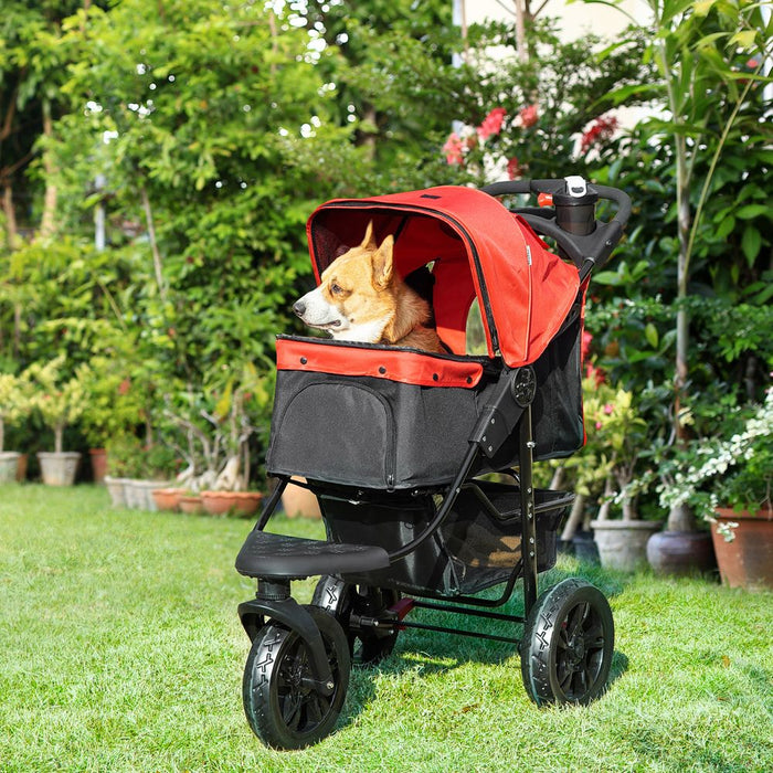 PawHut IE Located Folding Pet Stroller 3 Wheel Dog Jogger Travel Carrier Adjustable Canopy Storage Brake Mesh Window for Small Miniature Dog Cat Red