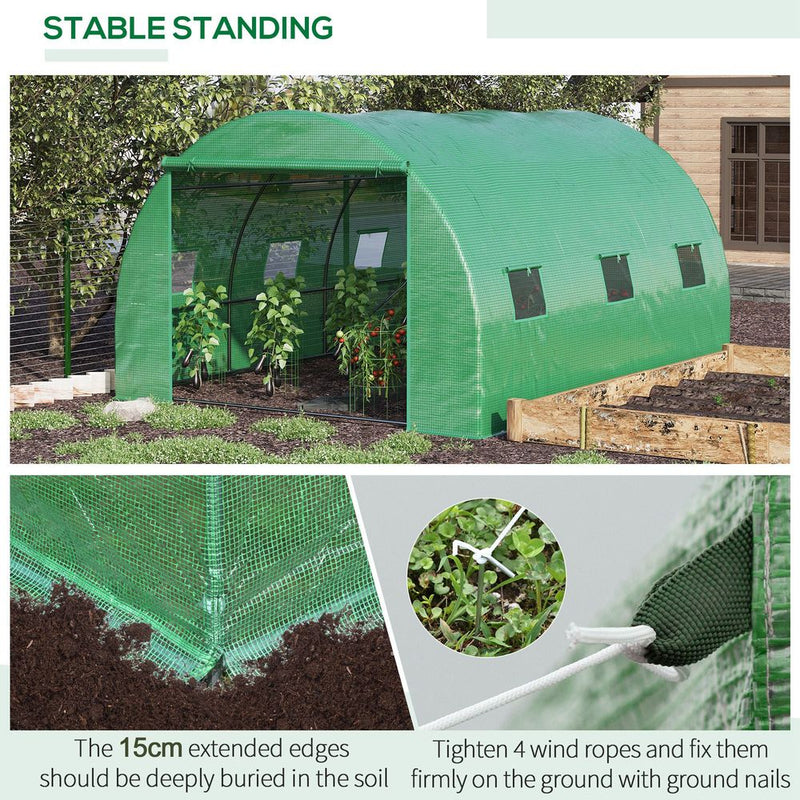 Outsunny Tunnel Greenhouse with Roll-Up Door & 6 Windows - Green