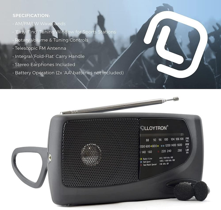 Lloytron Sports Personal Radio | 3 Band MW/FM/LW | Easy Find Tuning Window | Earphones Included