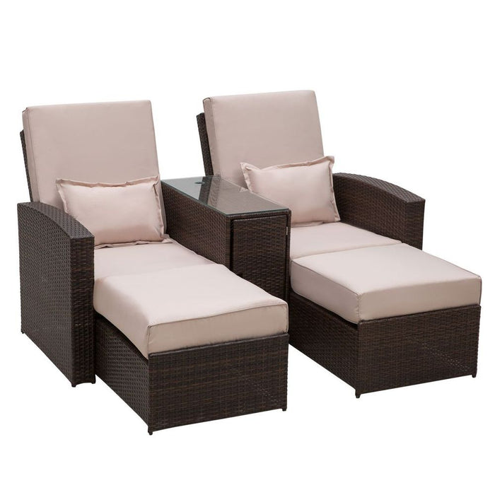 Outdoor Garden Double Rattan Sun Lounger Sofa Recliner Wicker Patio - Brown