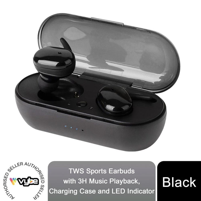 Vybe TWS Sports Earbuds - 3H Playback, Charging Case & LED Indicator - Black