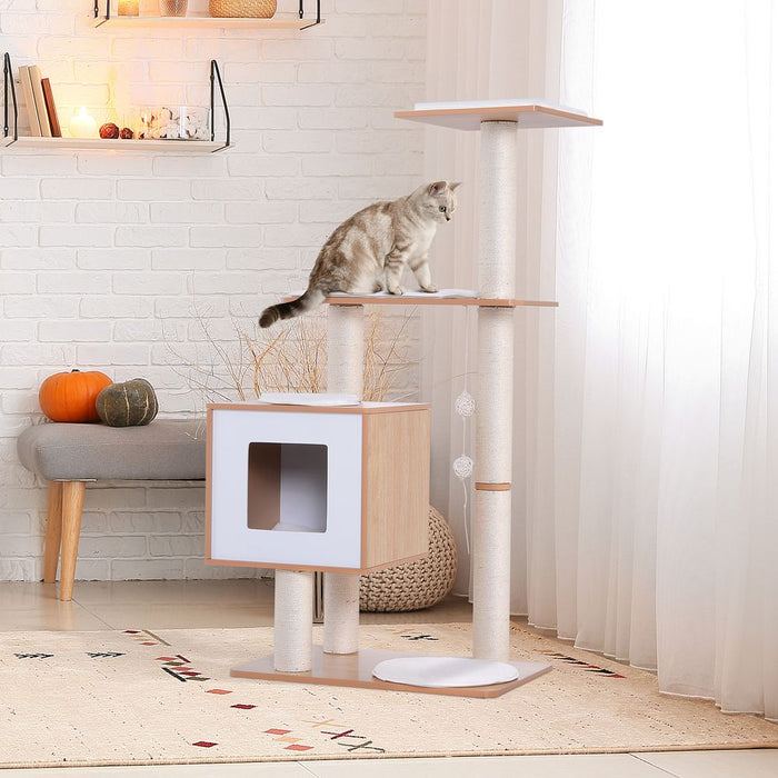 PawHut Wood Cat Tree Scratching Post for Indoor Cats Kitten House Condo Activity Center w/Cushion Hanging Toy Multi-level