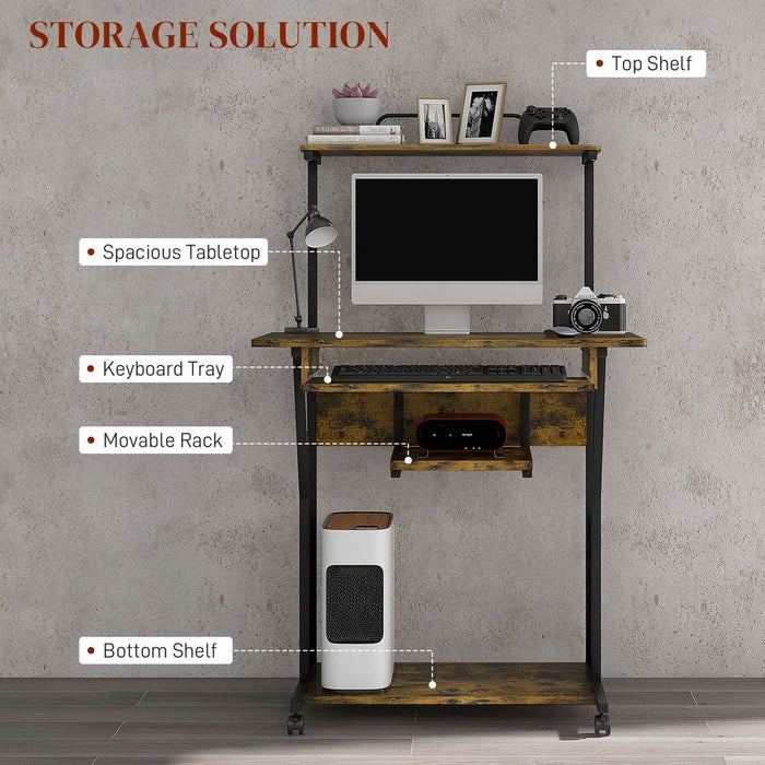 Versatile HOMCOM Rolling Computer Desk - Keyboard Tray, Storage Shelves - Rustic Brown