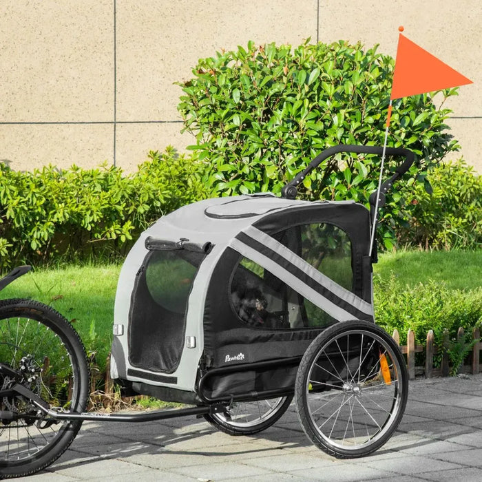 2-in-1 Dog Bike Trailer Pet Stroller w/ Reflectors - Grey. Durable Steel Frame. Large Dimensions for Medium Dogs. High-Quality.