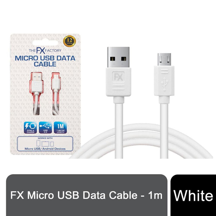 FX Powabud USB Data Cable - Fast Charge & Sync - Micro USB - White - Compatible with Samsung, HTC, Motorola