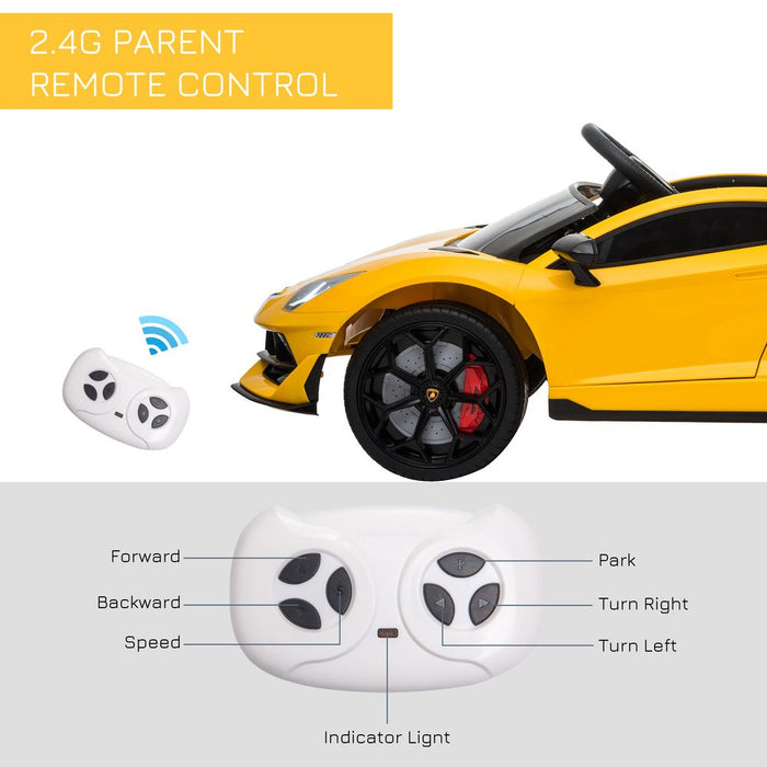 HOMCOM Lamborghini Aventador Licensed 12V Kids Electric Ride On Car Racing Car Toy with Parental Remote Control Battery-powered 2 Motors Music Lights for 3-8 Years Old Yellow