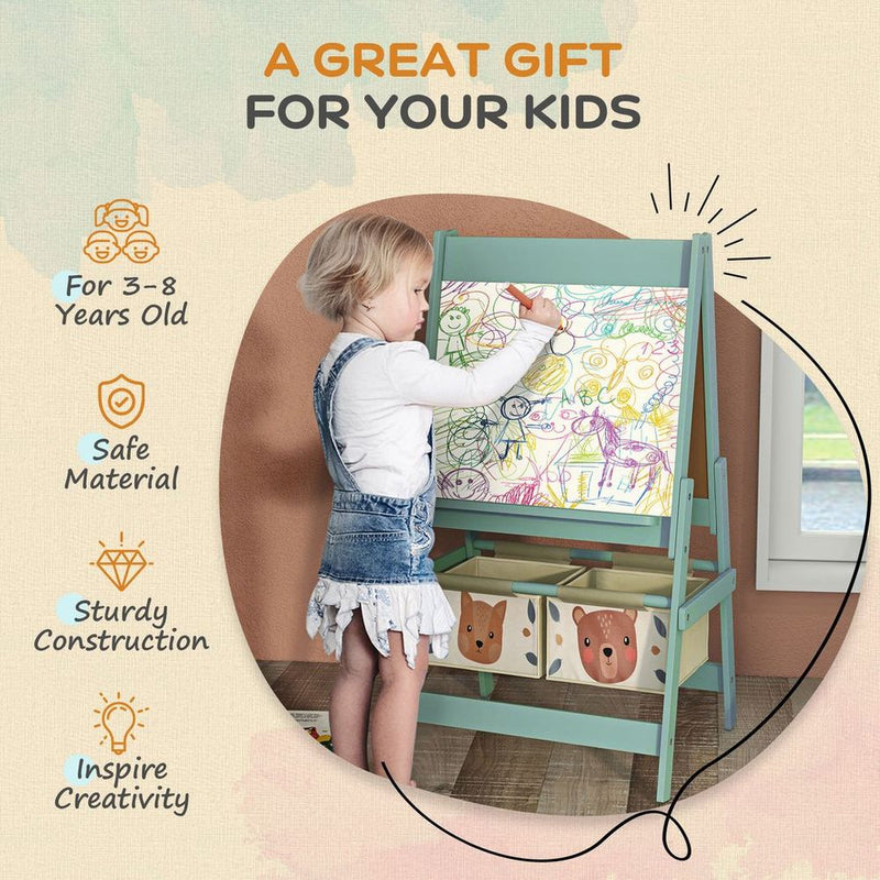 AIYAPLAY Kids Easel with Paper Roll, 3 in 1 Art Easel for Children, with Blackboard, Whiteboard, Storage Baskets, Green