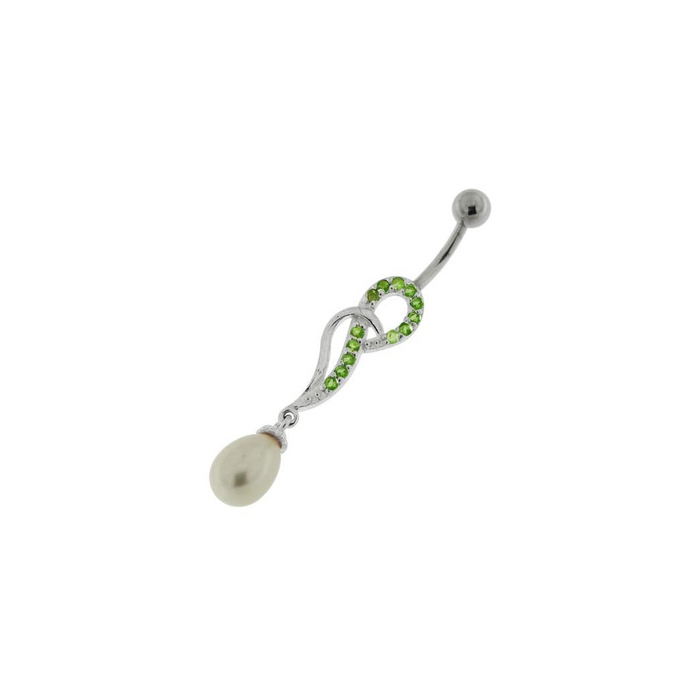 Jeweled Fancy Pearl Silver Dangling Curved Bar Belly Ring