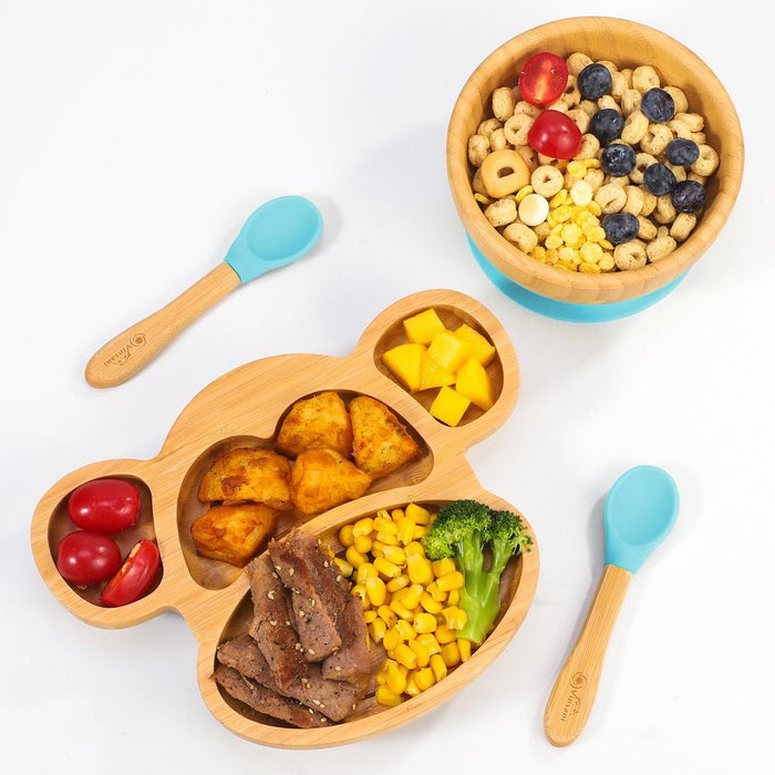 Premium Bamboo Monkey Plate Set – 4-Sectioned Plate, Bowl, & Spoon – Non-slip Base – Food-Grade Silicone – Easy to Clean