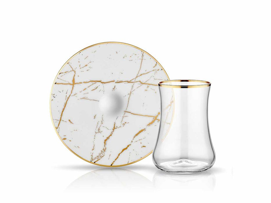 Dervish Marble Tea Glass and Saucer - White Gold Colour