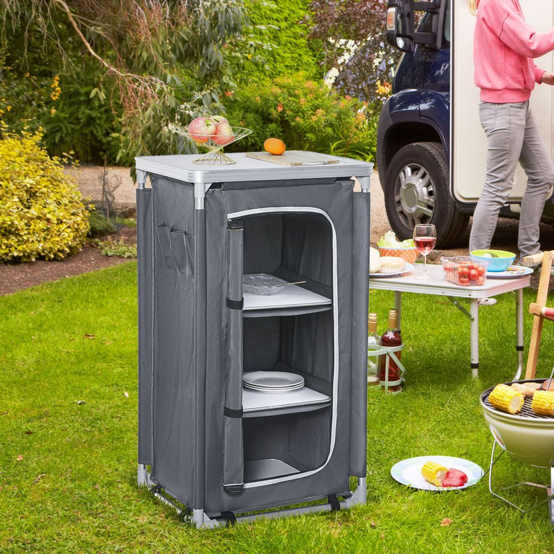 High-Quality Aluminum Camping Kitchen Table - 3-Shelf Organizer - Easy Setup & Cleanup - Grey
